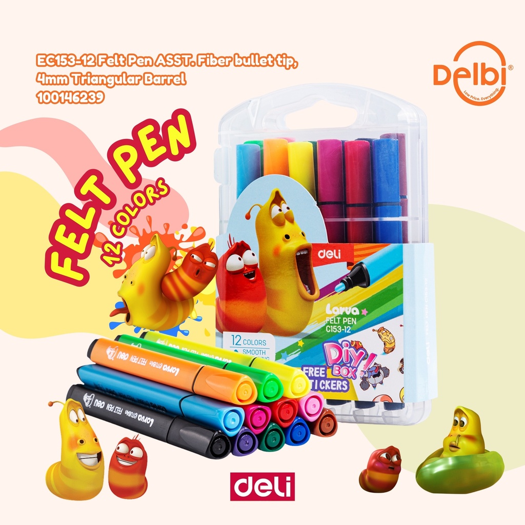 [100146239] DELI EC153-12 Felt Pen ASST. Fiber bullet tip, 4mm Triangular Barrel BX12