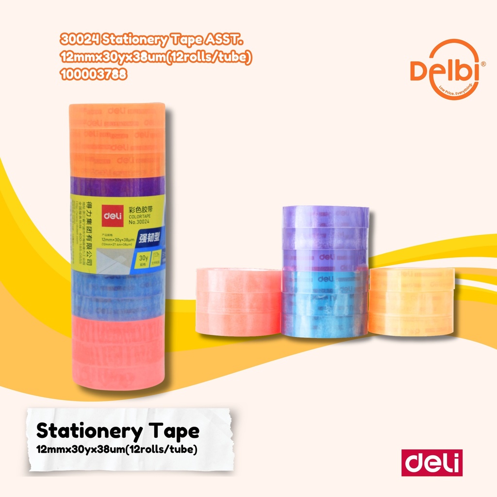 DELI 30024 Stationery Tape ASST. 12mmx30yx38um(12rolls/tube) LAKBAN BX70