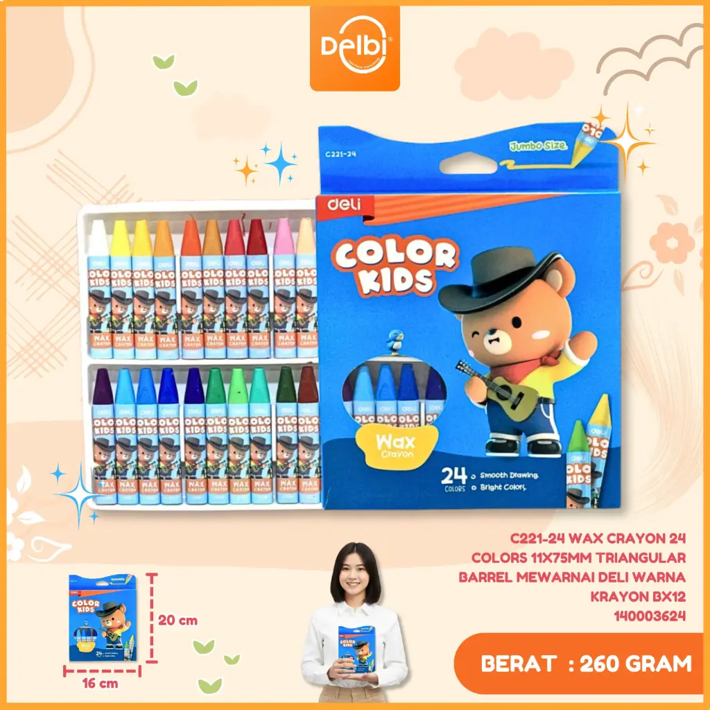 [140003624] C221-24 Wax crayon 24 Colors 11x75mm Triangular barrel MEWARNAI DELI WARNA KRAYON BX12