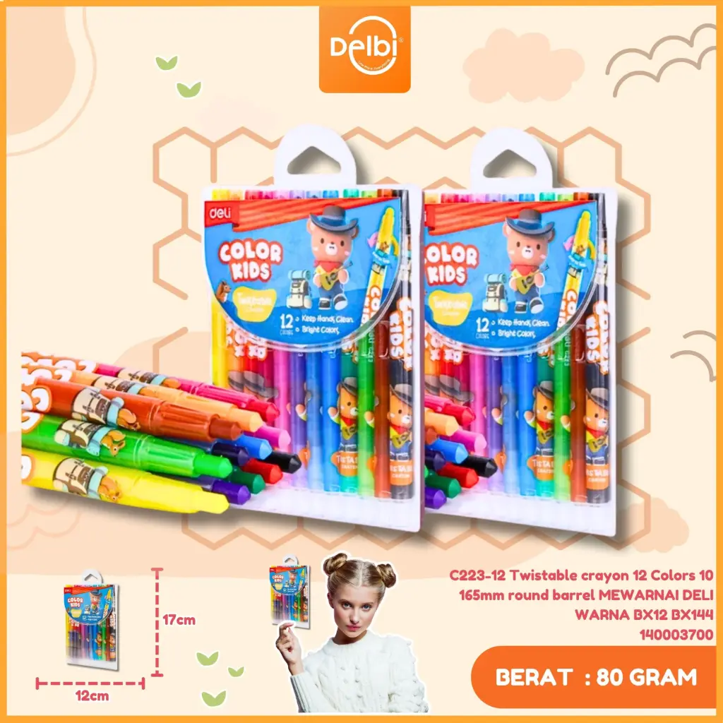 C223-12 Twistable crayon 12 Colors 10 165mm round barrel MEWARNAI DELI WARNA BX12 BX144