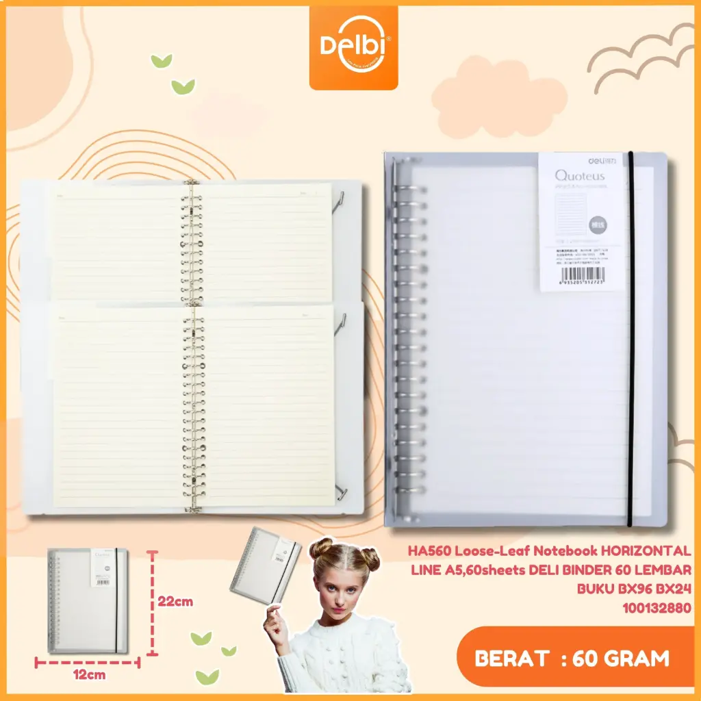 HA560 Loose-Leaf Notebook HORIZONTAL LINE A5,60sheets DELI BINDER 60 LEMBAR BUKU BX96 BX24