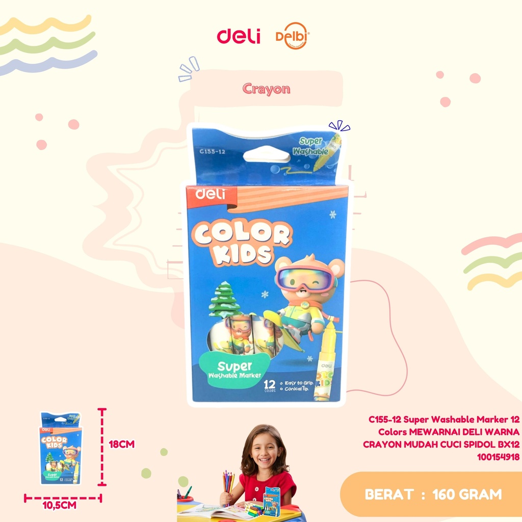 C155-12 Super Washable Marker 12 Colors MEWARNAI DELI WARNA CRAYON MUDAH CUCI SPIDOL BX12