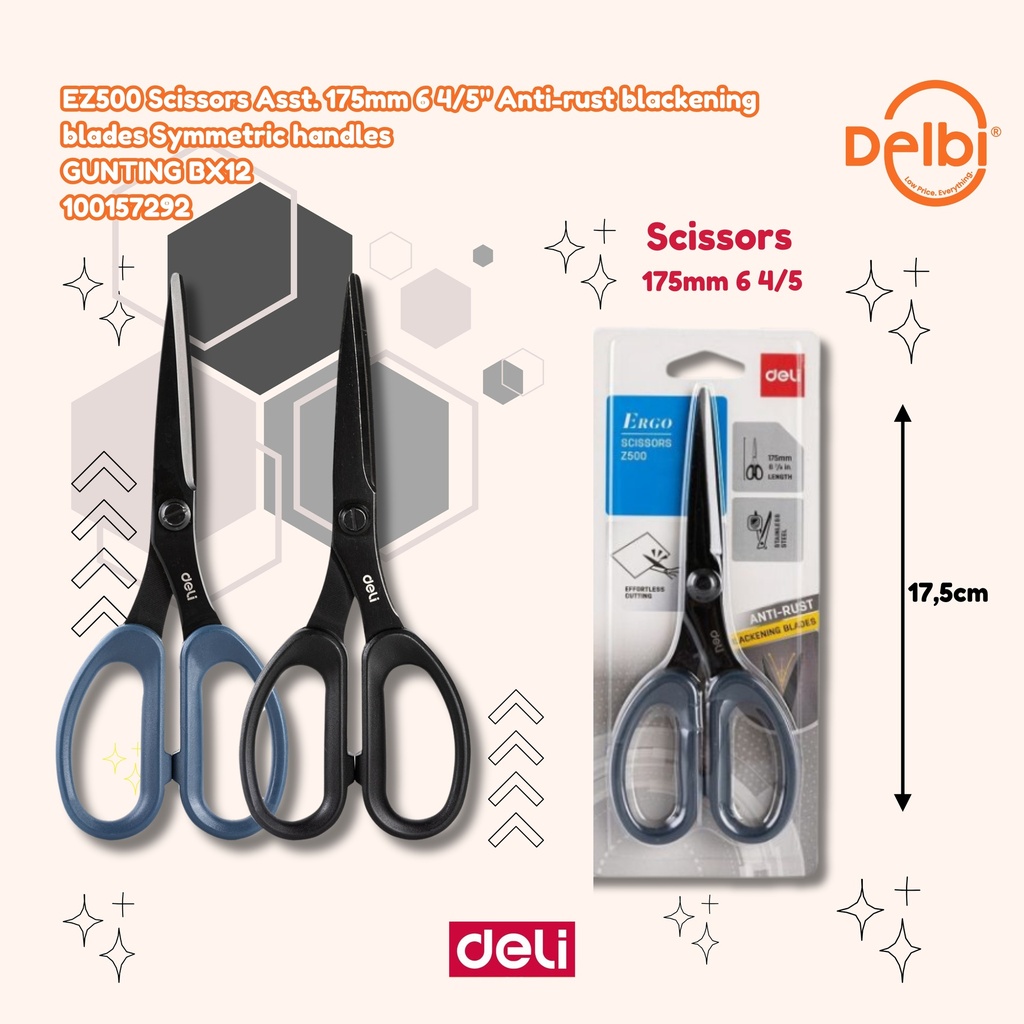 DELI EZ500 Scissors Asst. 175mm 6 4/5" Anti-rust blackening blades Symmetric handles
 GUNTING BX12