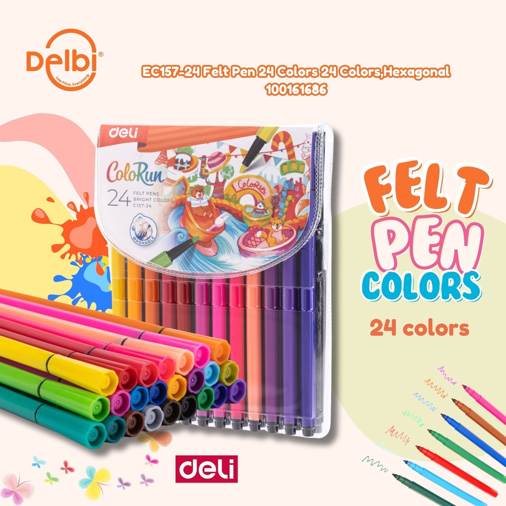 [100161686] DELI EC157-24 Felt Pen 24 Colors Colors,Hexagonal BX12 BX72