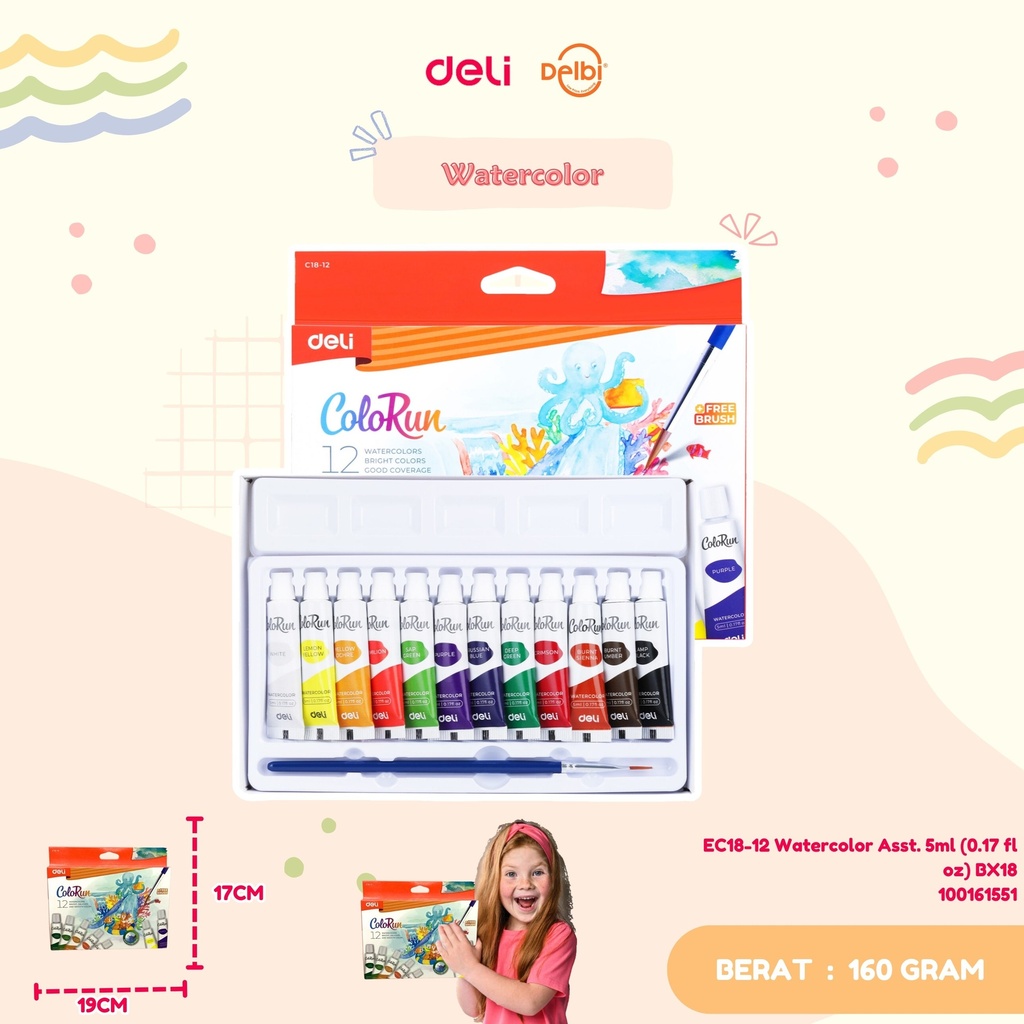 [100161551] DELI EC18-12 Watercolor Asst. 5ml (0.17 fl oz) BX18