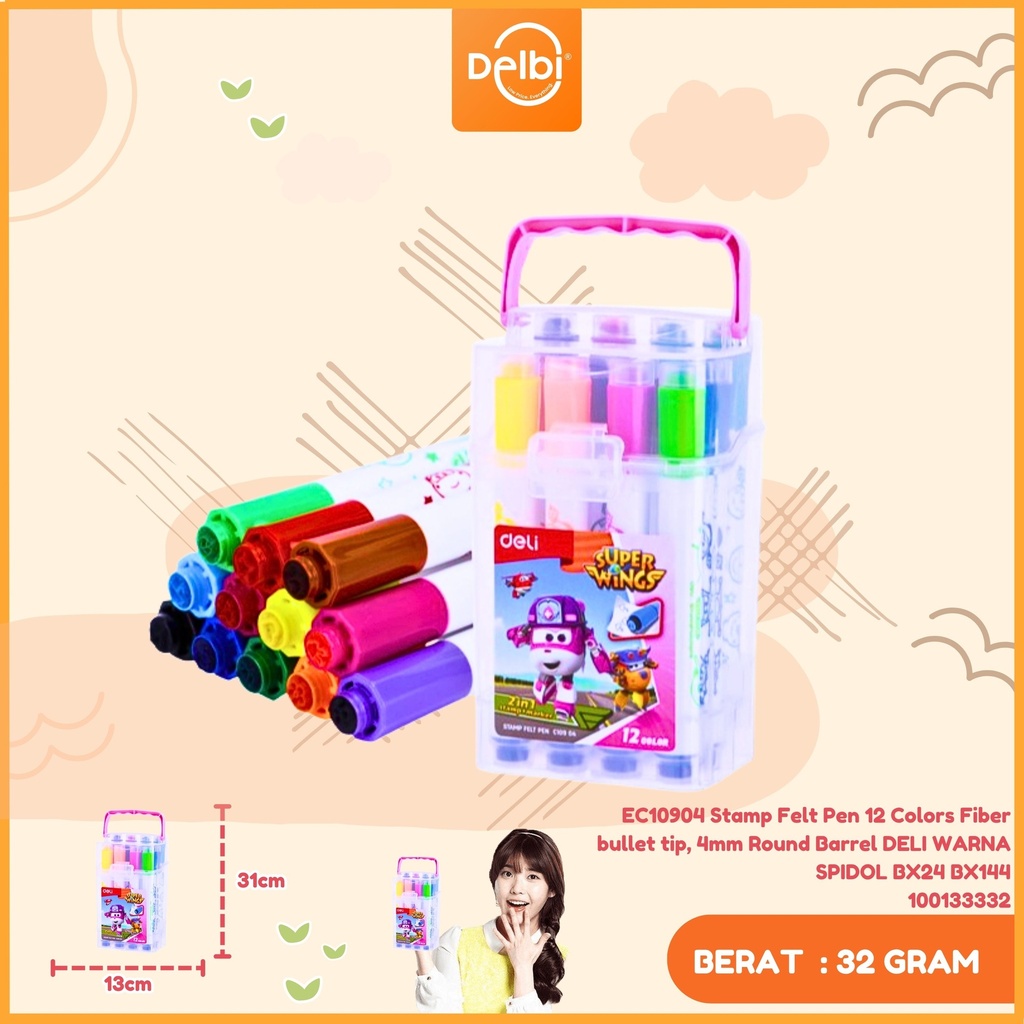 EC10904 Stamp Felt Pen 12 Colors Fiber bullet tip, 4mm Round Barrel DELI WARNA SPIDOL BX24 BX144