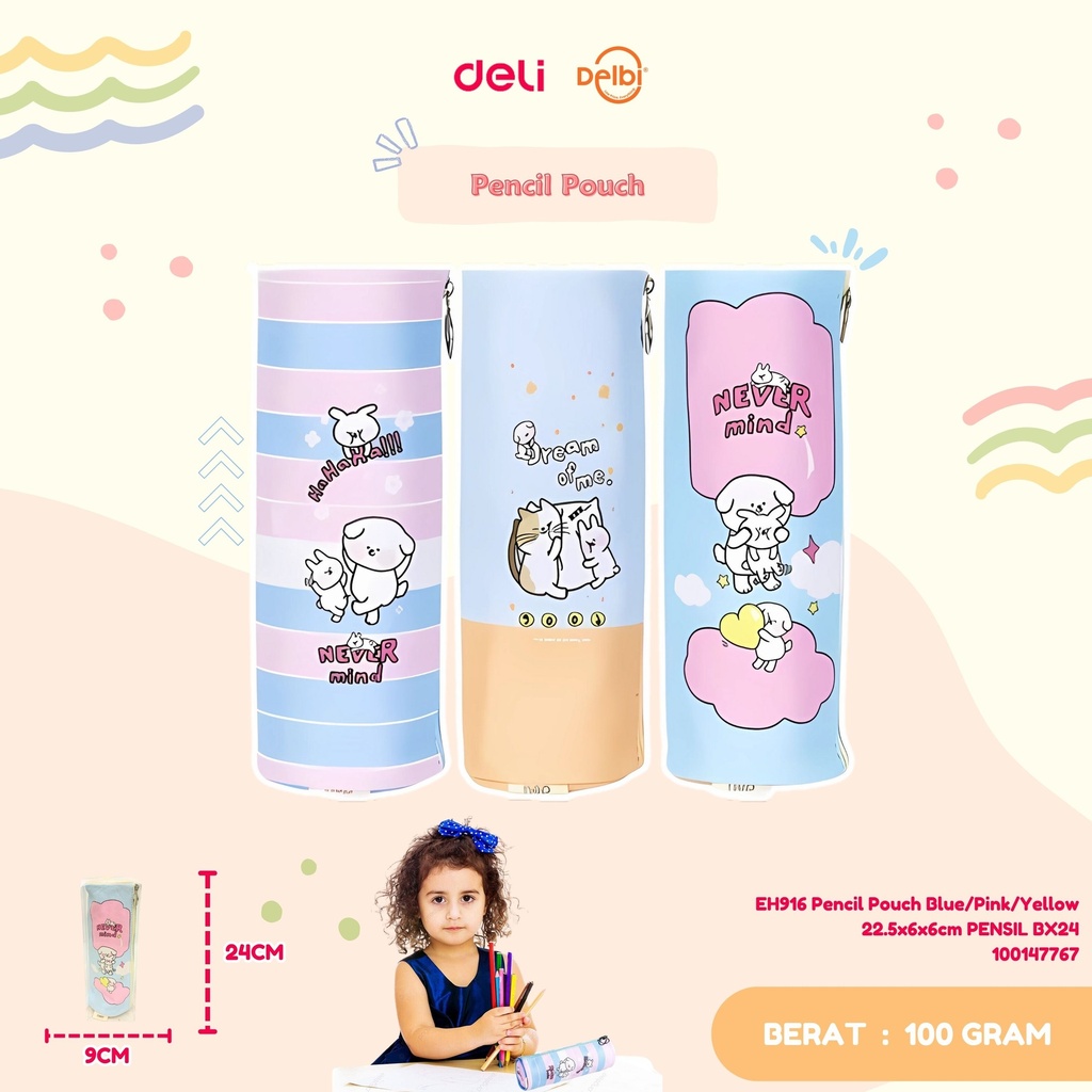 DELI EH916 Pencil Pouch Blue/Pink/Yellow 22.5x6x6cm PENSIL BX24