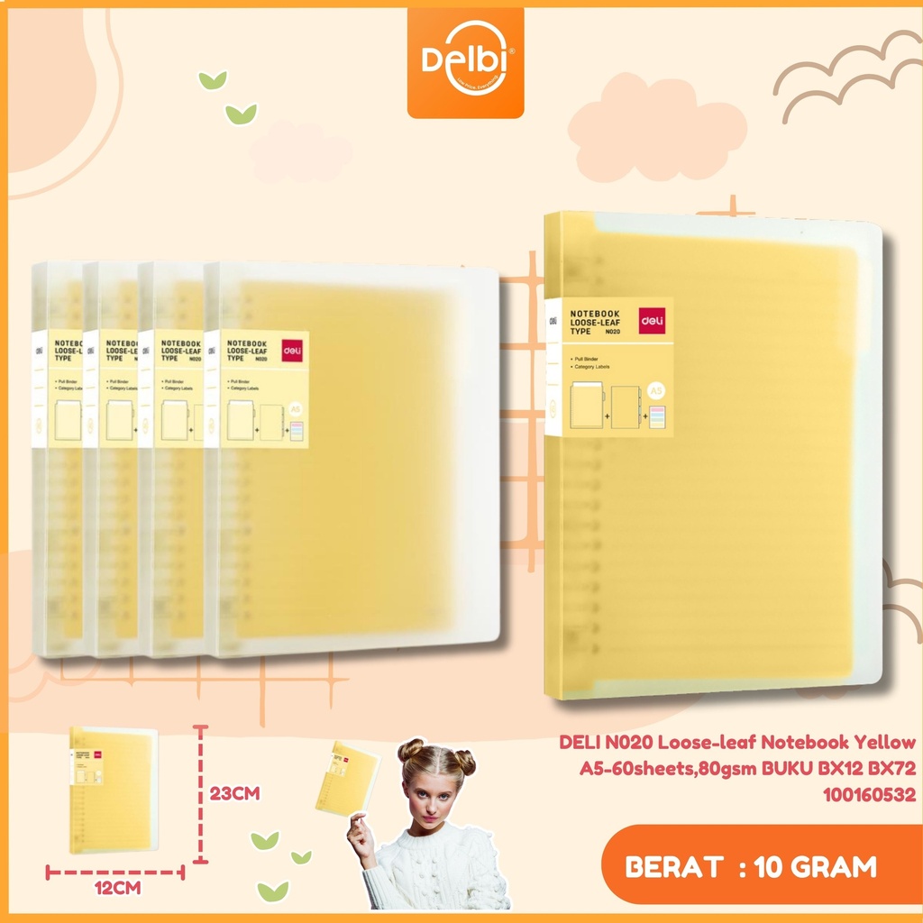 DELI N020 Loose-leaf Notebook Yellow A5-60sheets,80gsm BUKU BX12 BX72