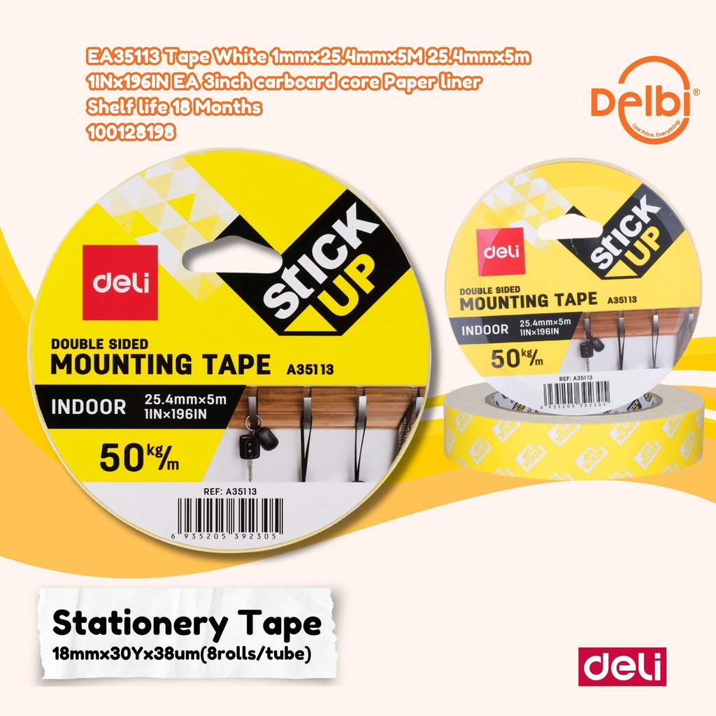 [100128198] DELI EA35113 Tape White 1mmx25.4mmx5M 25.4mmx5m 1IN x 196IN E 3inch cardboard core Paper liner Shelf life 18 Months Double Tape LAKBAN BX24