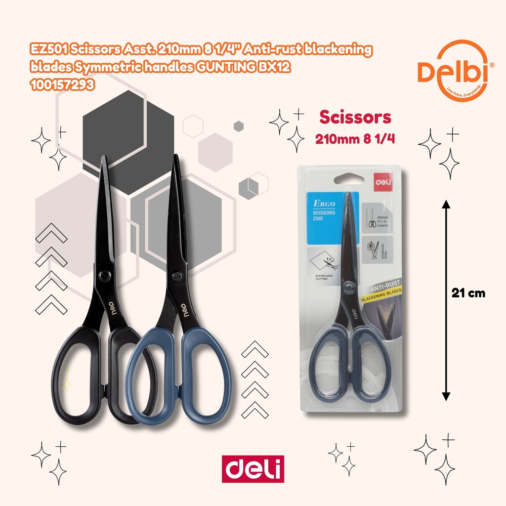 DELI EZ501 Scissors Asst. 210mm 8 1/4" Anti-rust blackening blades Symmetric handles GUNTING BX12