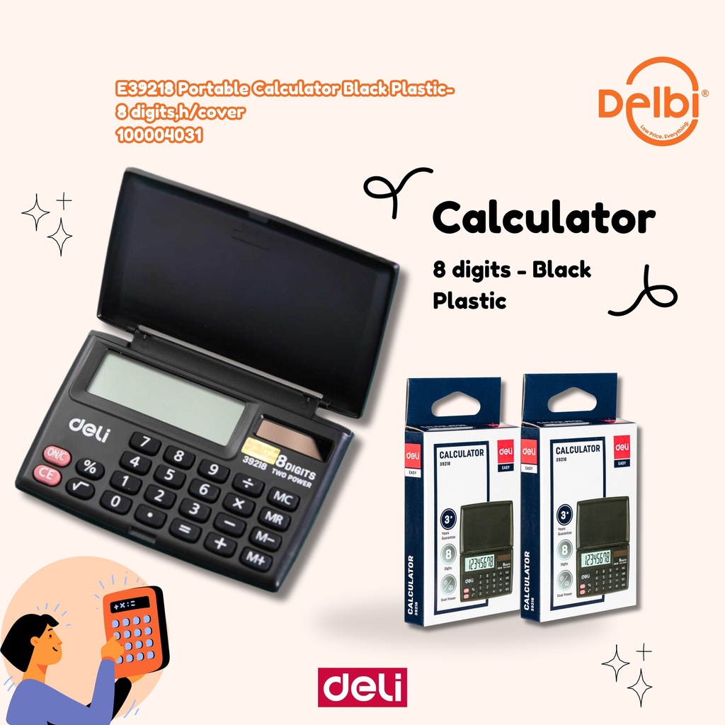 E39218 Portable Calculator Black Plastic-8 digits,h/cover DELI KALKULATOR HITAM 8 DIGIT BX100