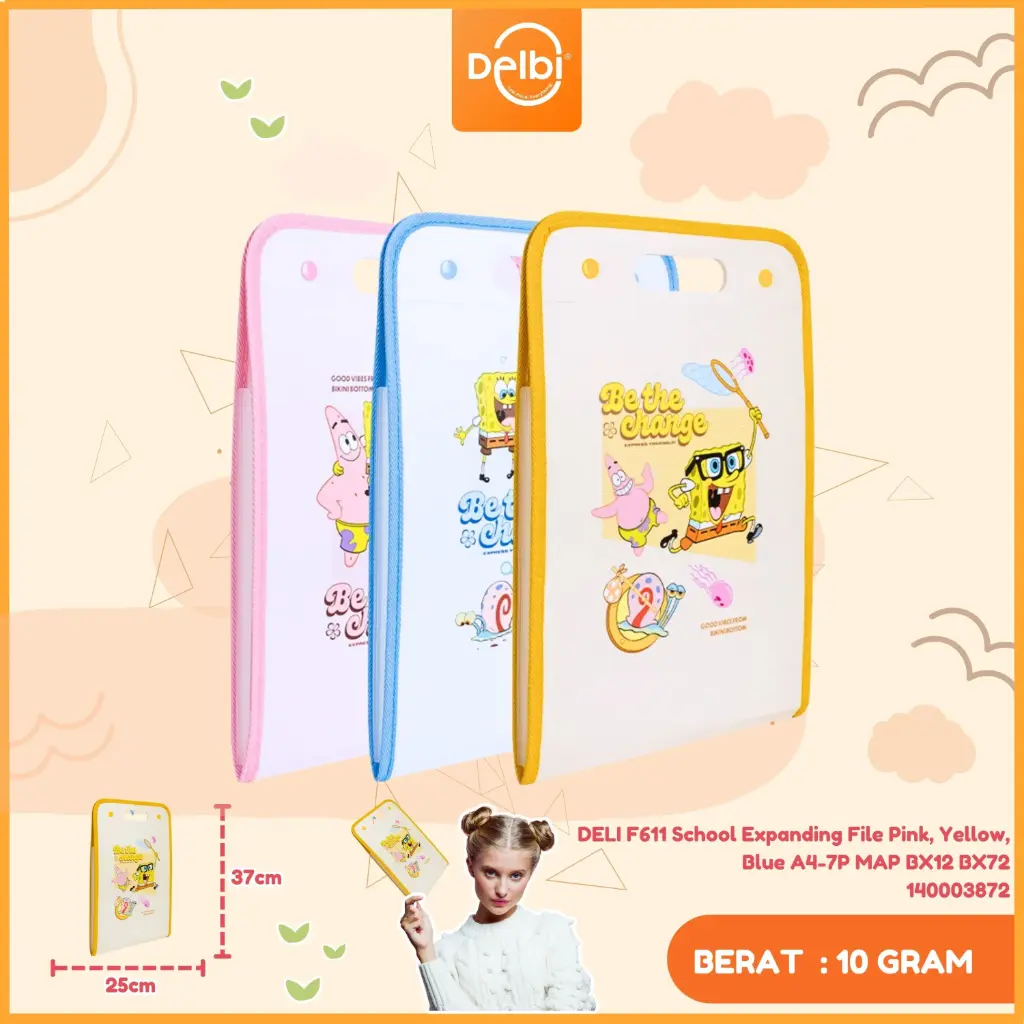 DELI F611 School Expanding File Pink, Yellow, Blue A4-7P MAP BX12 BX72