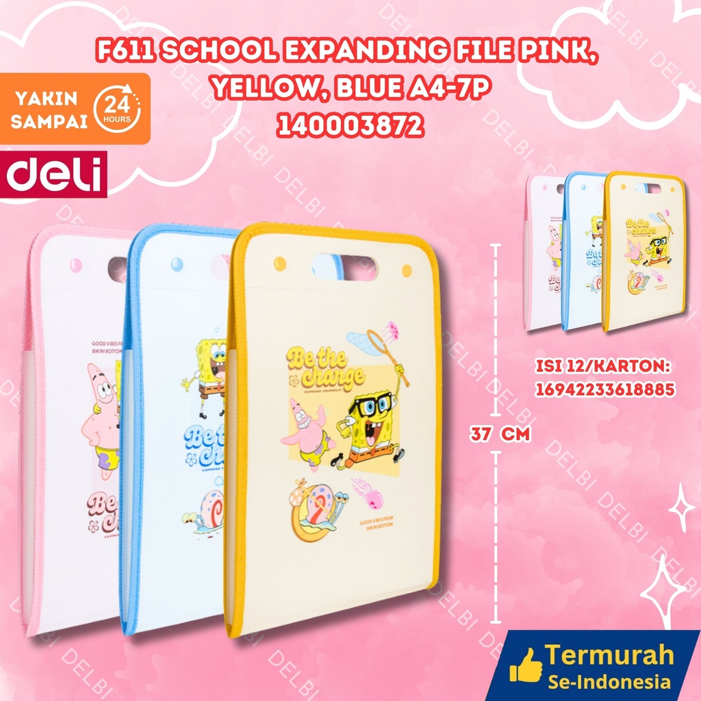 DELI F611 School Expanding File Pink, Yellow, Blue A4-7P MAP BX12 BX72
