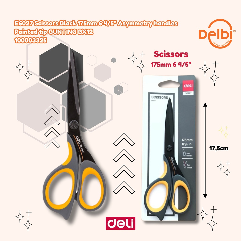[100003325] DELI E6027 Scissors Black 175mm 6 4/5" Asymmetry handles Pointed tip GUNTING BX12