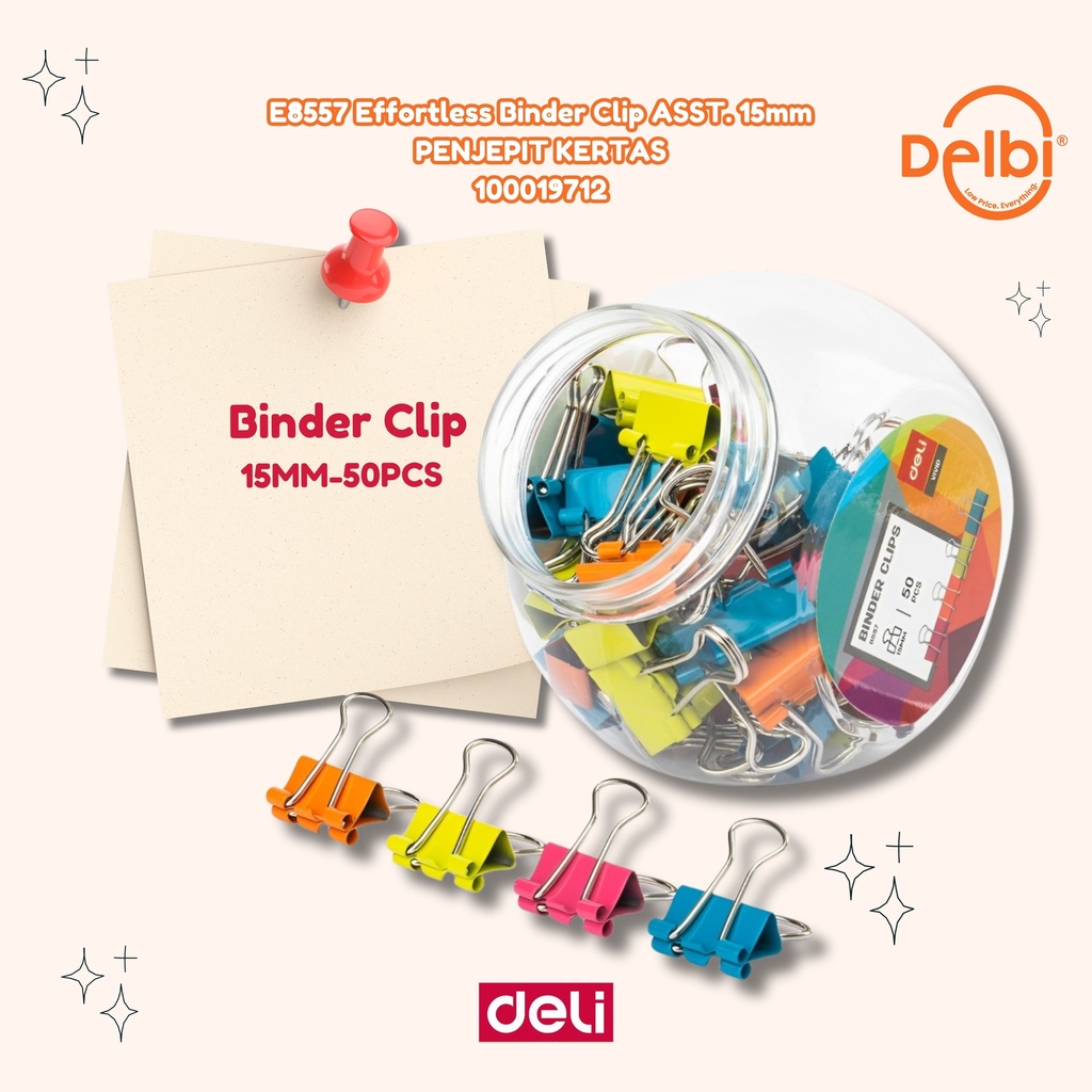 [100019712] DELI E8557 Effortless Binder Clip ASST. No. 105 15mm PENJEPIT KERTAS BX24