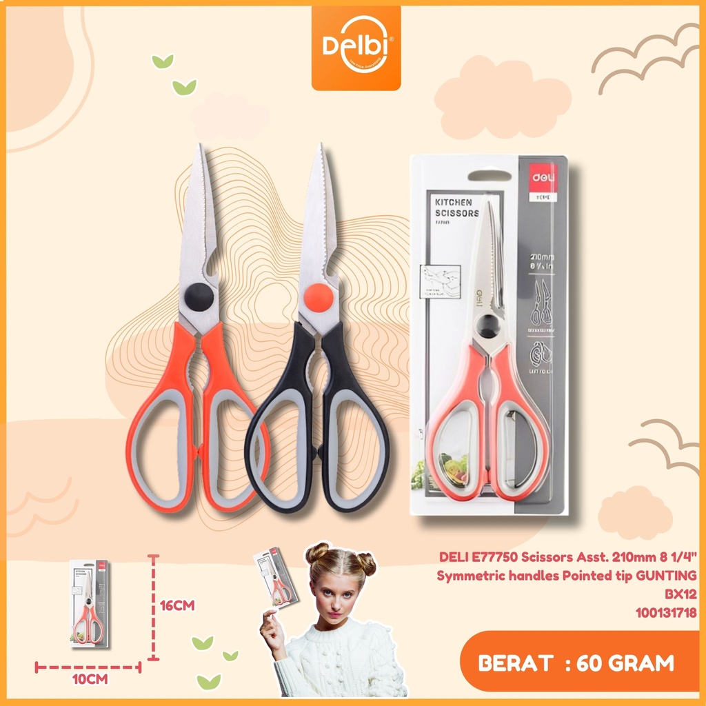 DELI E77750 Scissors Asst. 210mm 8 1/4" Symmetric handles Pointed tip GUNTING BX12