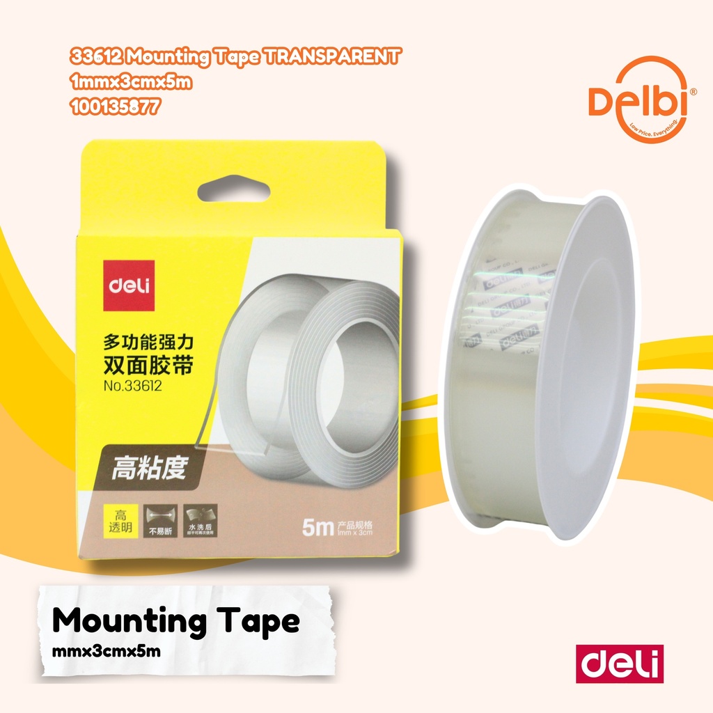 33612 Mounting Tape TRANSPARENT 1mmx3cmx5m DELI PEREKAT MAGIC LAKBAN BX12