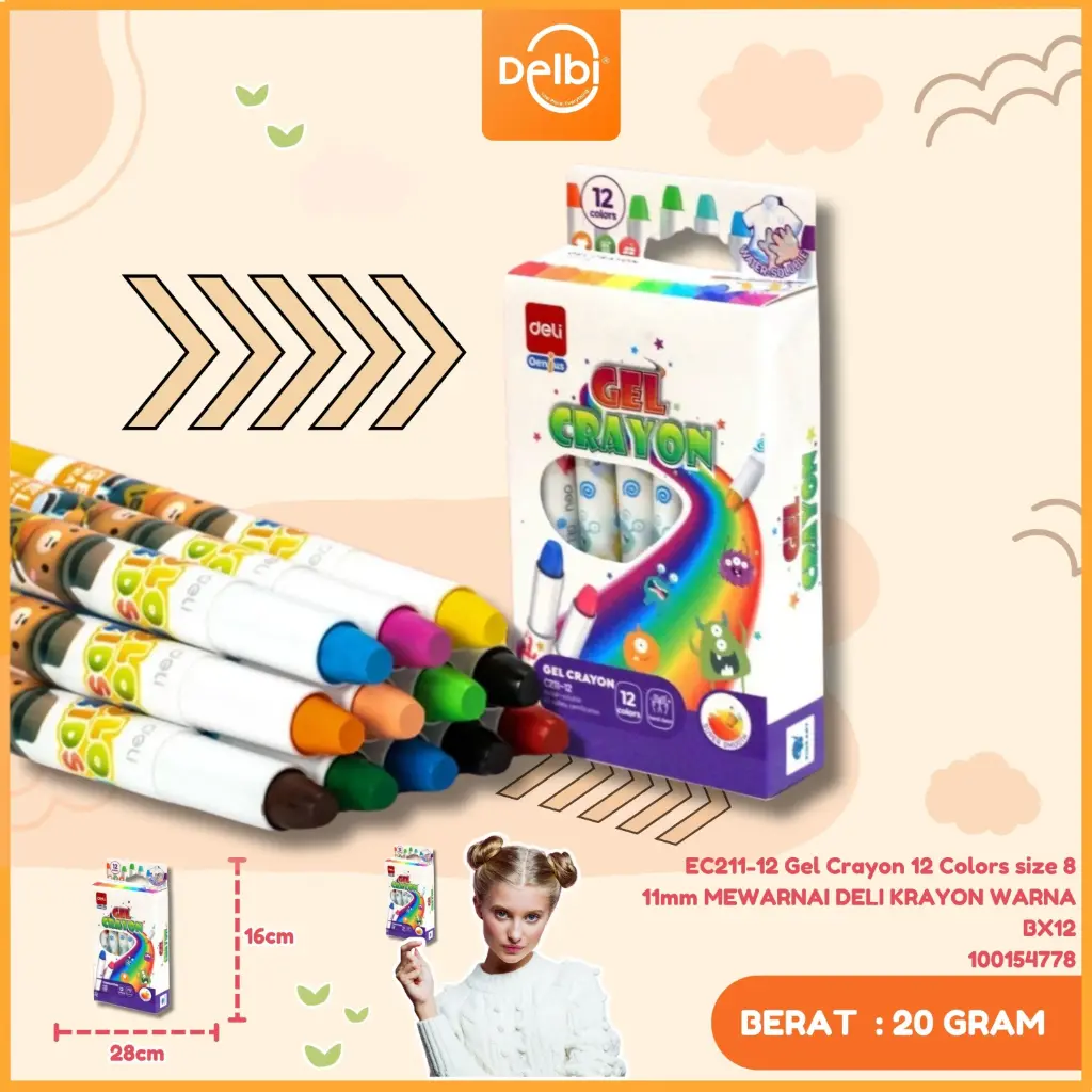EC211-12 Gel Crayon 12 Colors size 8 11mm MEWARNAI DELI KRAYON WARNA BX12