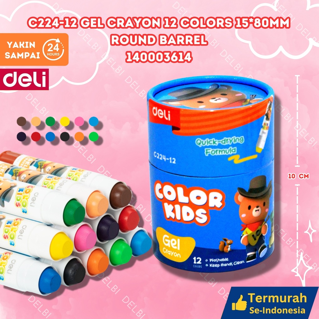 C224-12 Gel Crayon 12 Colors 15 80mm round barrel DELI KRAYON WARNA BX12