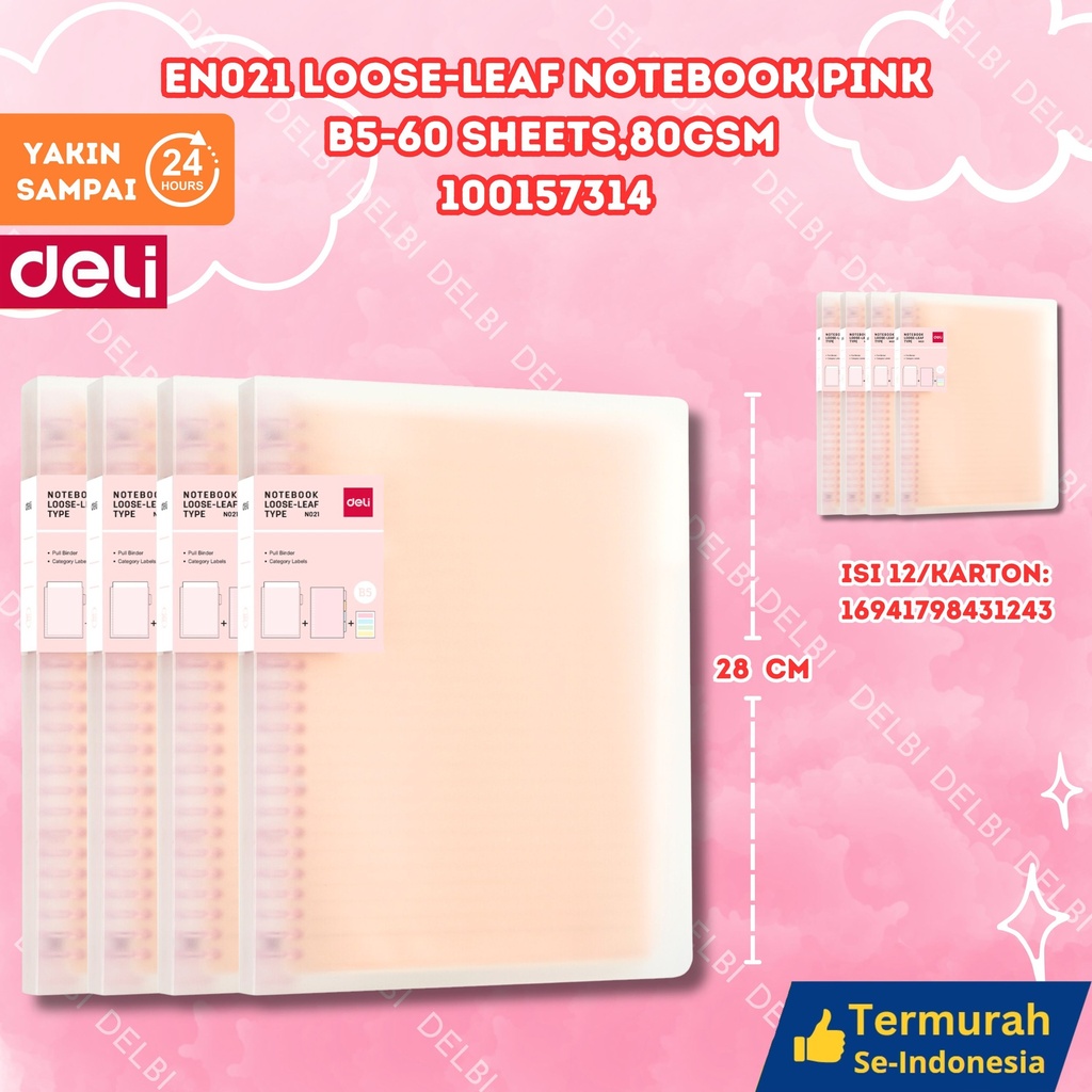 DELI EN021 Loose-leaf Notebook Pink B5-60 sheets,80gsm BUKU BX12 BX48