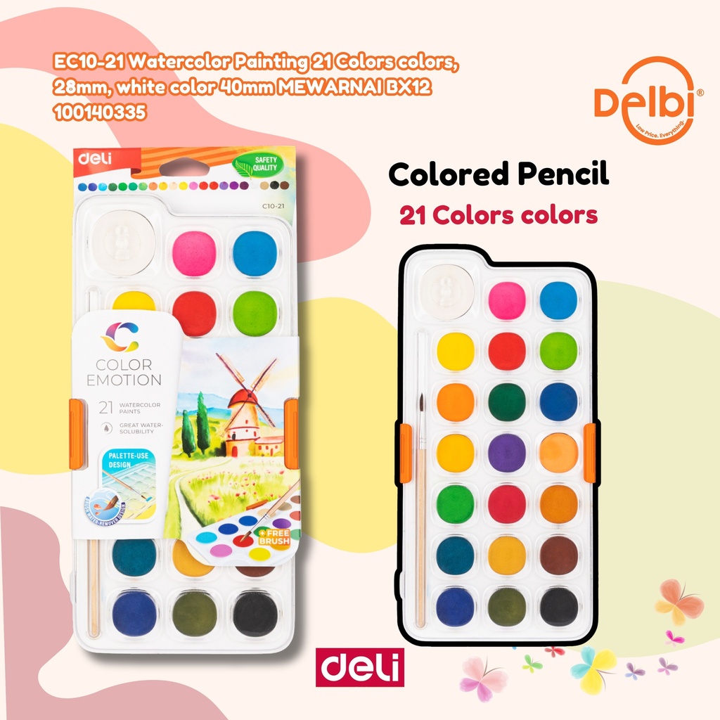 [100140335] DELI EC10-21 Watercolor Painting 21 Colors colors, 28mm, white color 40mm MEWARNAI BX12