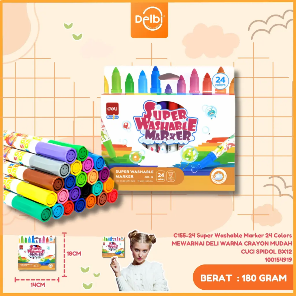 C155-24 Super Washable Marker 24 Colors MEWARNAI DELI WARNA CRAYON MUDAH CUCI SPIDOL BX12