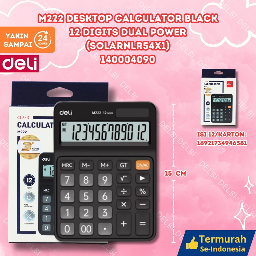 [140004090] DELI M222 Desktop Calculator Black 12 digits Dual power (SolarnLR54x1) KALKULATOR BX20 BX80