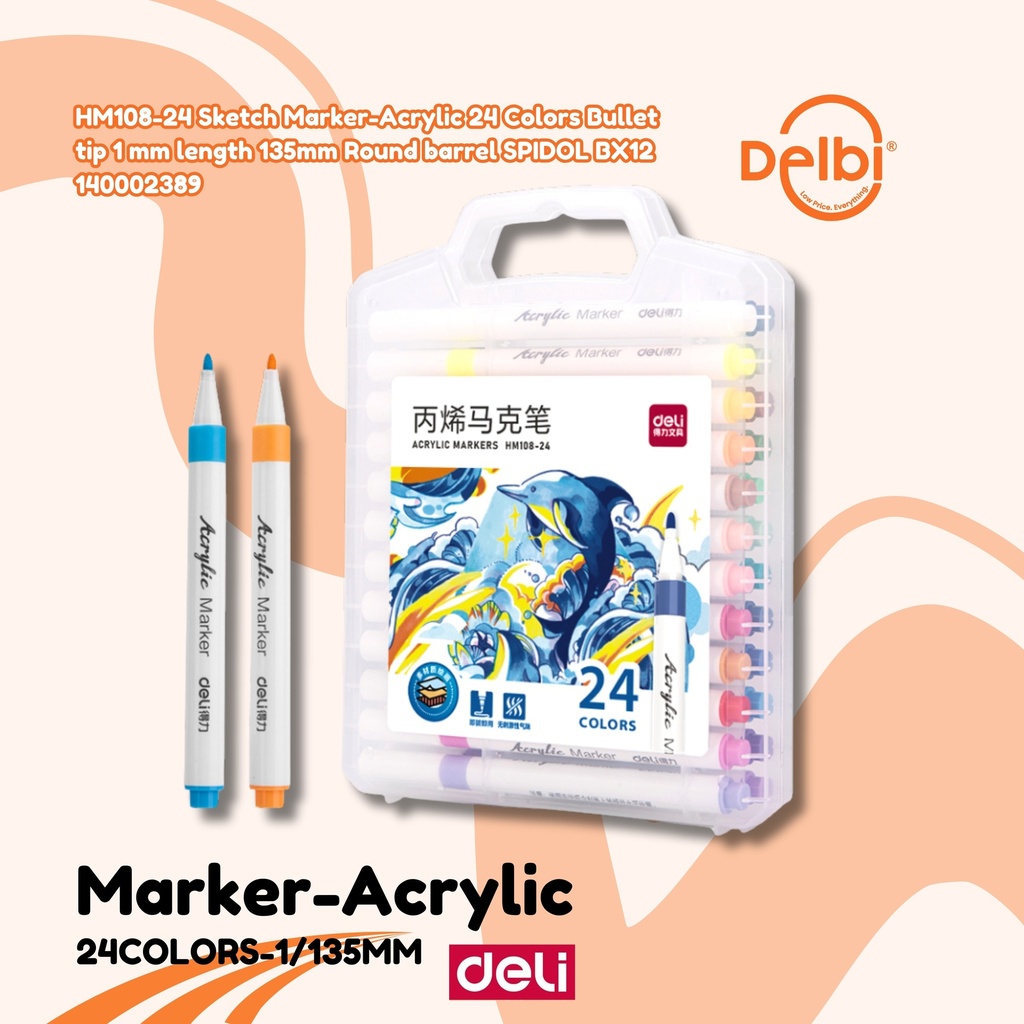 DELI HM108-24 Sketch Marker-Acrylic 24 Colors Bullet tip 1 mm length 135mm Round barrel SPIDOL BX12