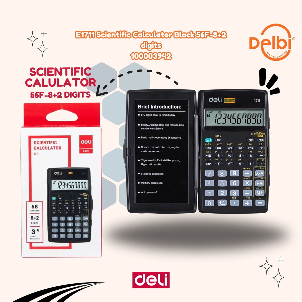 DELI E1711 Scientific Calculator Black 56F-8+2 digits KALKULATOR BX20