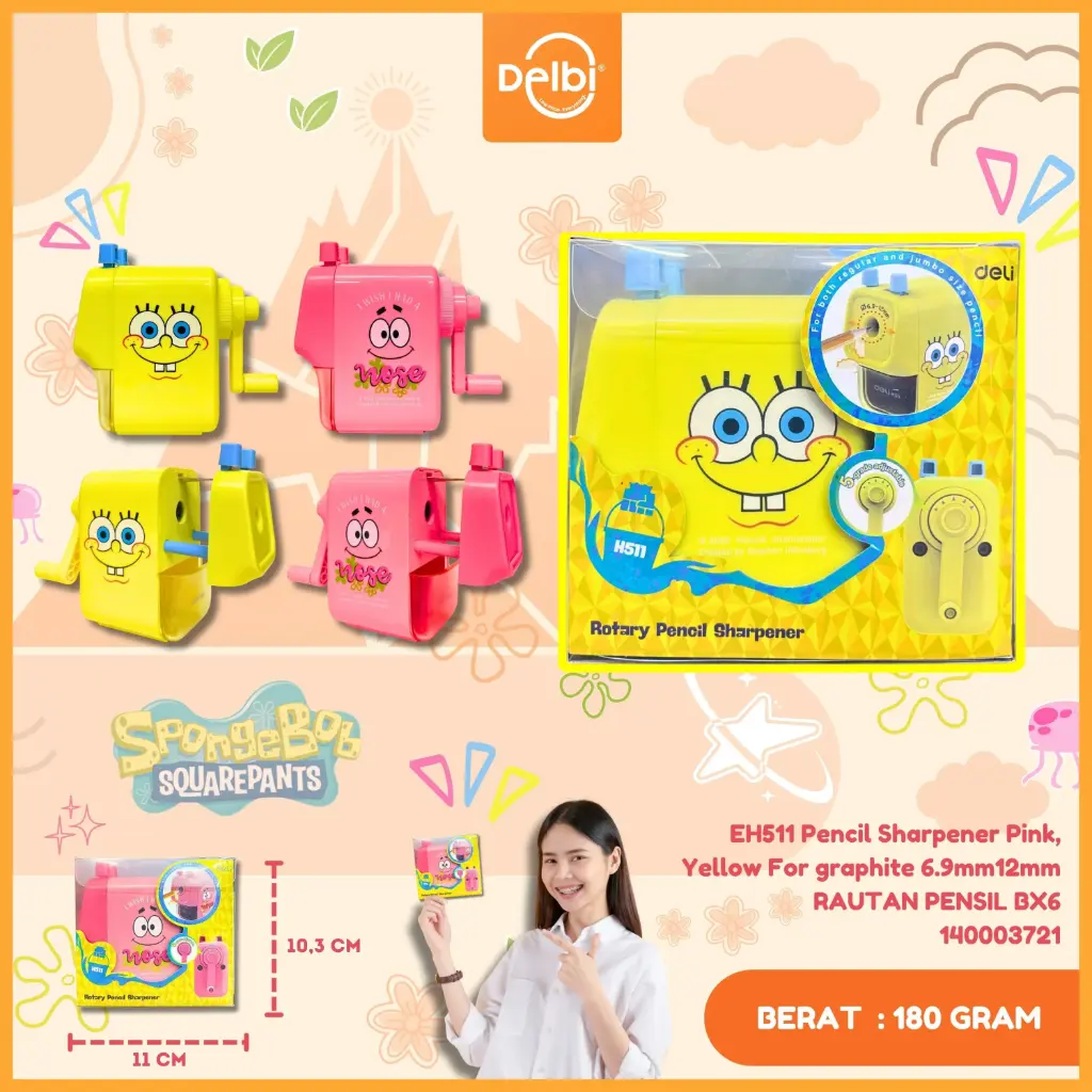 [140003721] EH511 Pencil Sharpener Pink, Yellow For graphite 6.9mm12mm RAUTAN PENSIL BX6