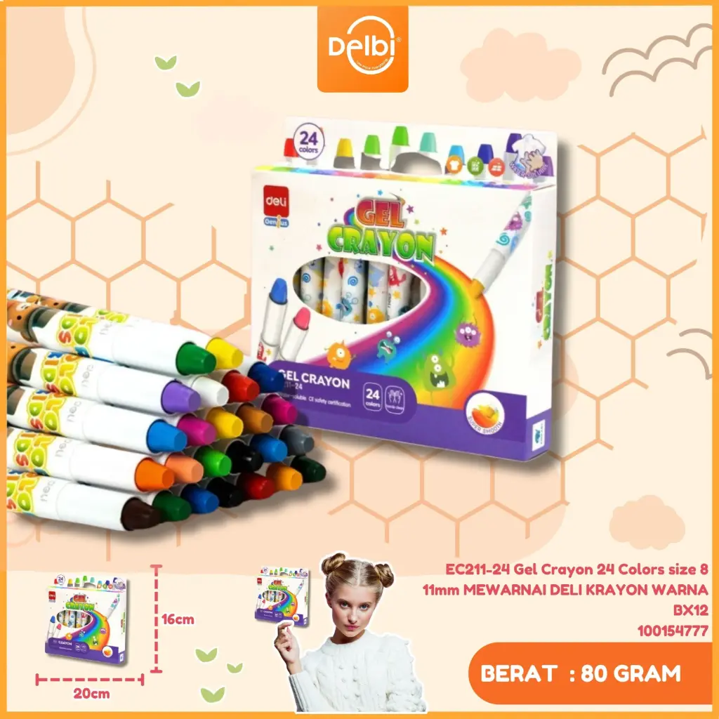 [100154777] EC211-24 Gel Crayon 24 Colors size 8 11mm MEWARNAI DELI KRAYON WARNA BX12