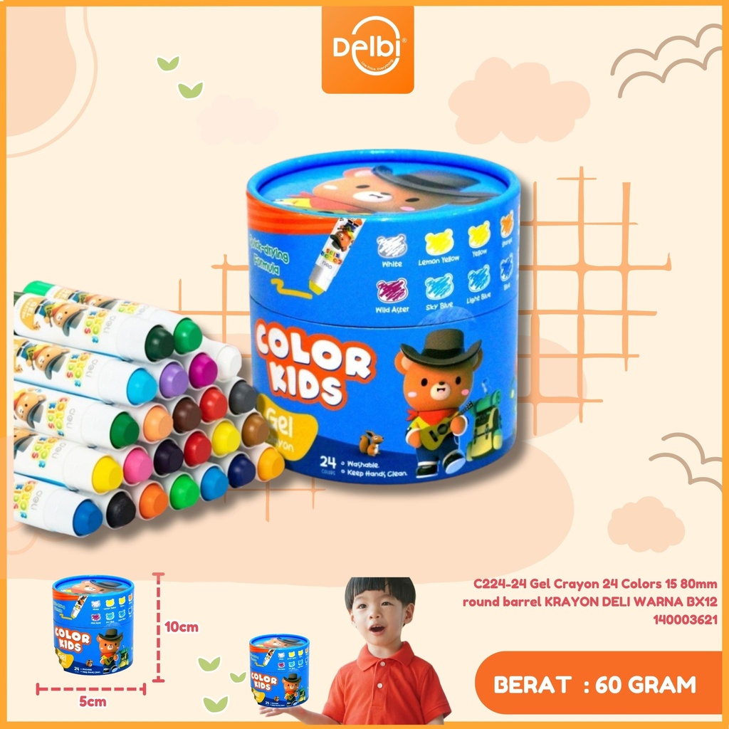 [140003621] C224-24 Gel Crayon 24 Colors 15 80mm round barrel KRAYON DELI WARNA BX12