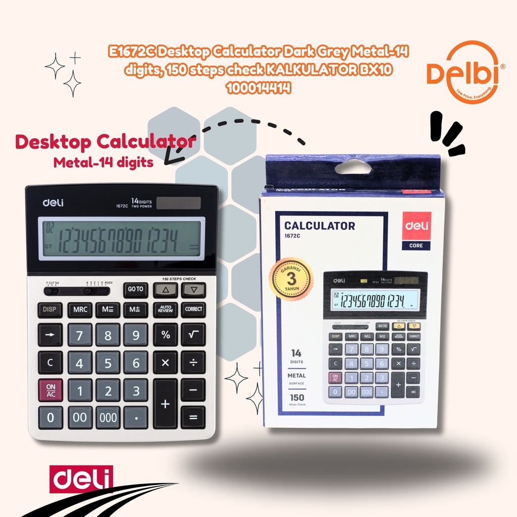 [100014414] DELI E1672C Desktop Calculator Dark Grey Metal-14 digits, 150 steps check KALKULATOR BX10