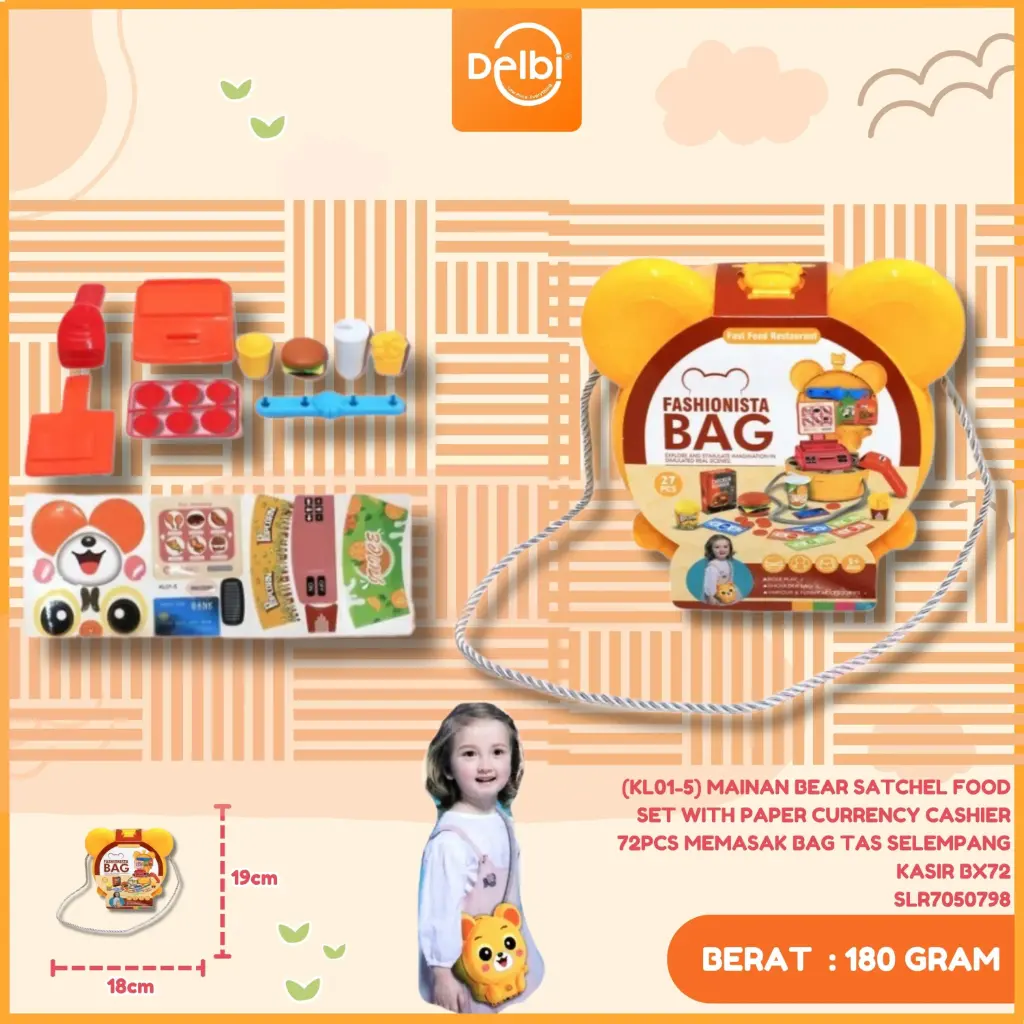 [SLR7050798] (KL01-5) MAINAN BEAR SATCHEL FOOD SET WITH PAPER CURRENCY CASHIER 72PCS MEMASAK BAG TAS SELEMPANG KASIR BX72