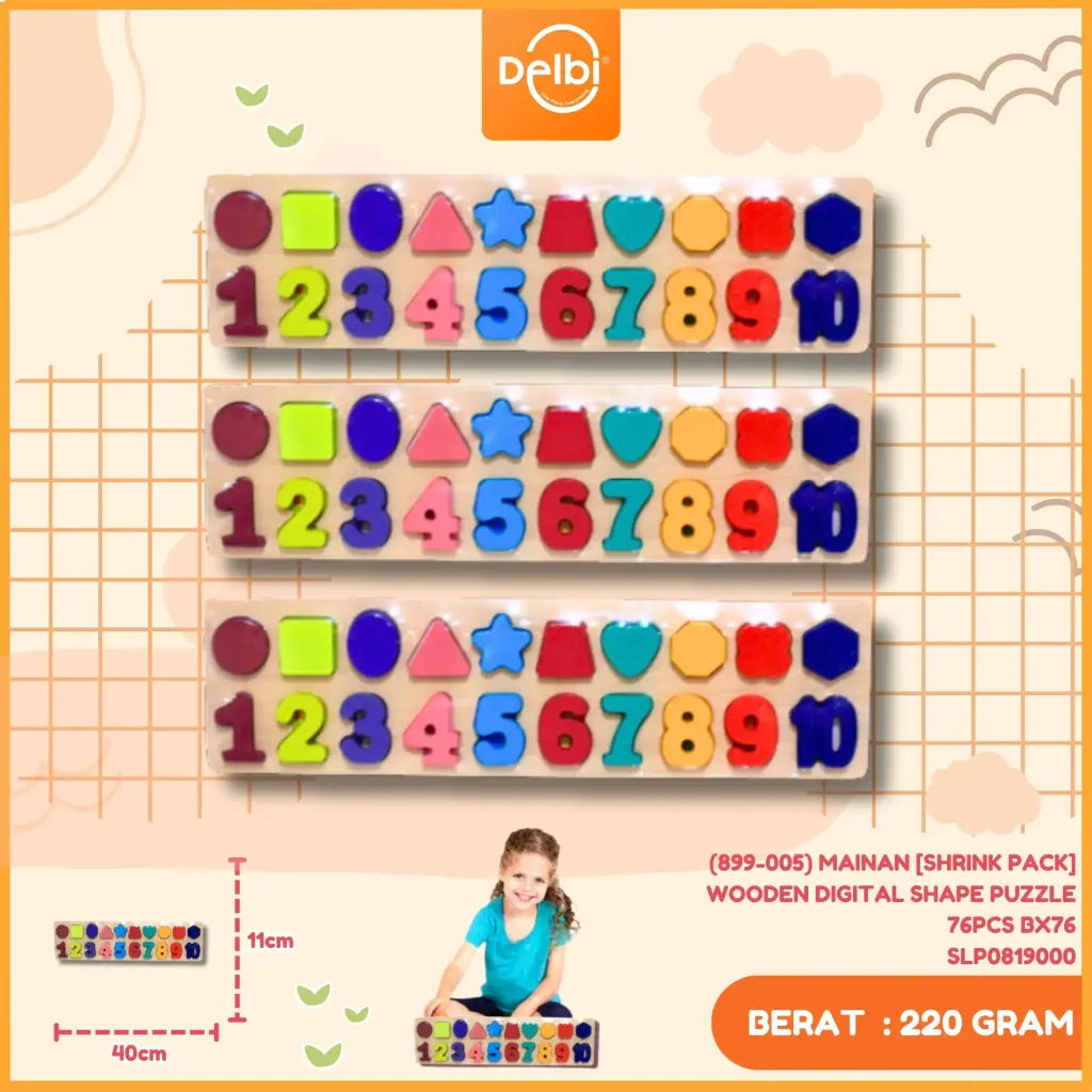 (899-005) MAINAN [SHRINK PACK] WOODEN DIGITAL SHAPE PUZZLE 76PCS BX76