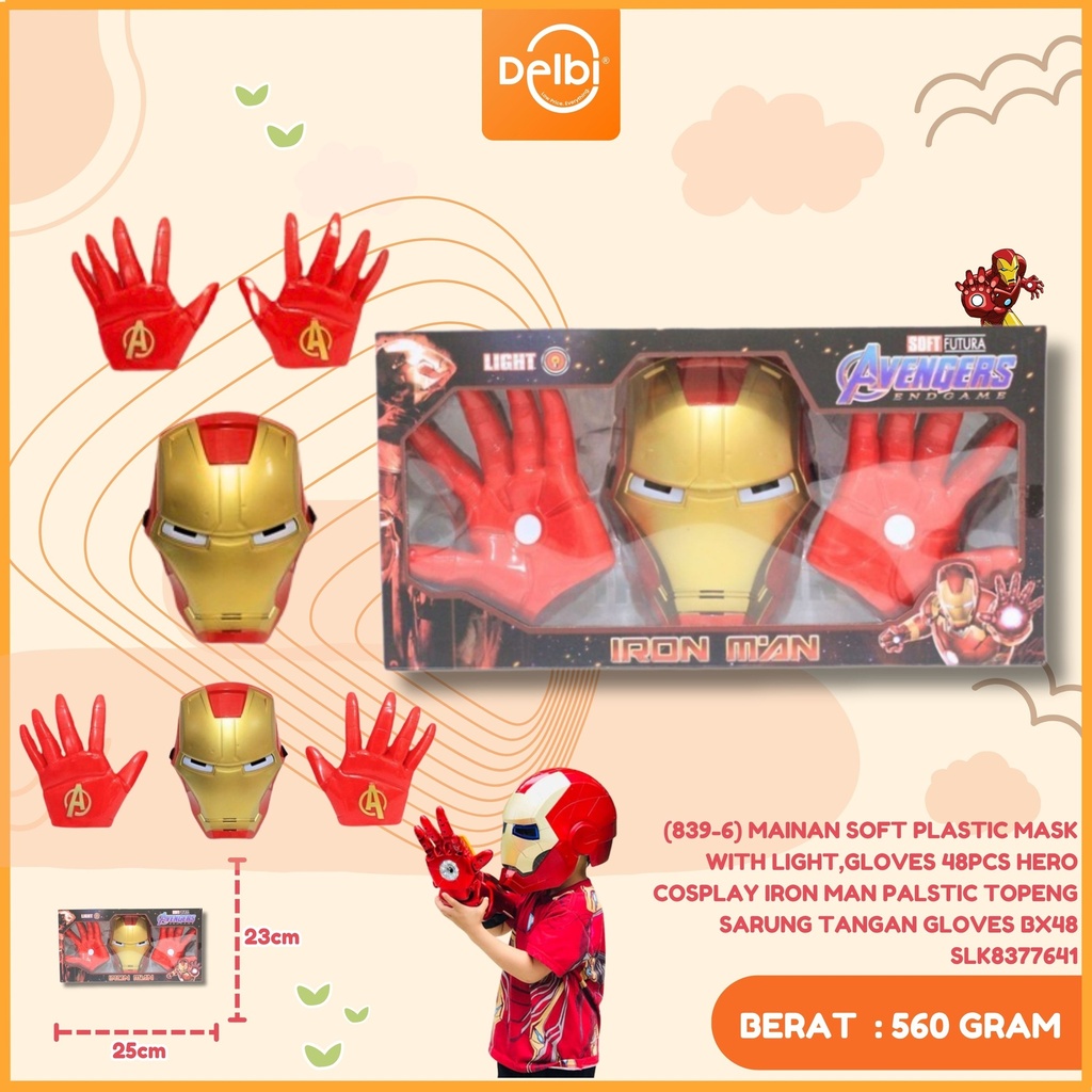 (839-6) MAINAN SOFT PLASTIC MASK WITH LIGHT,GLOVES 48PCS HERO COSPLAY IRON MAN PALSTIC TOPENG SARUNG TANGAN GLOVES BX48