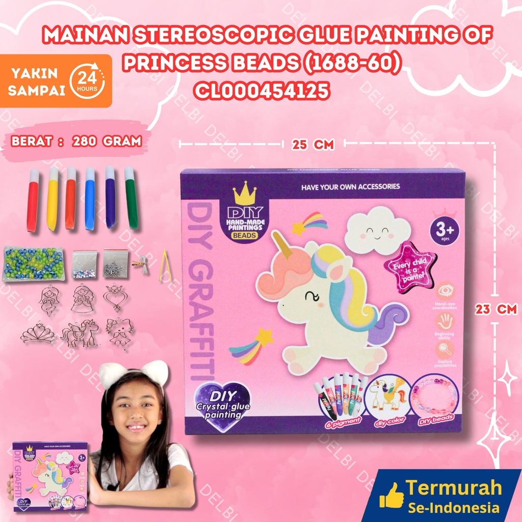 (1688-60) MAINAN STEREOSCOPIC GLUE PAINTING OF PRINCESS BEADS 96PCS MAKE UP KECANTIKAN DIY KERAJINAN LEM MEWARNAI BX96