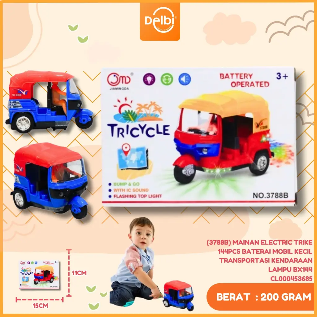 (3788B) MAINAN ELECTRIC TRIKE 144PCS BATERAI MOBIL KECIL TRANSPORTASI KENDARAAN LAMPU BX144