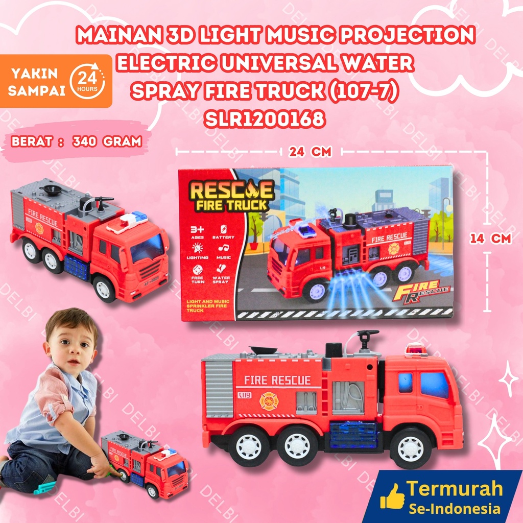 (107-7) MAINAN 3D LIGHT MUSIC PROJECTION ELECTRIC UNIVERSAL WATER SPRAY FIRE TRUCK 96PCS BATERAI MOBIL LAMPU PEMADAM KEBAKARAN PROFESI BX96