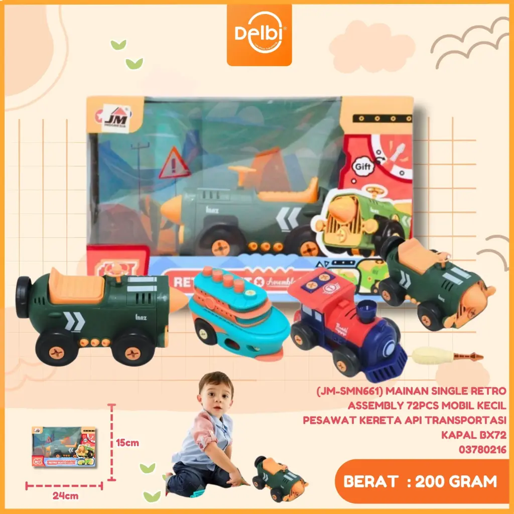 (JM-SMN661) MAINAN SINGLE RETRO ASSEMBLY 72PCS MOBIL KECIL PESAWAT KERETA API TRANSPORTASI KAPAL BX72