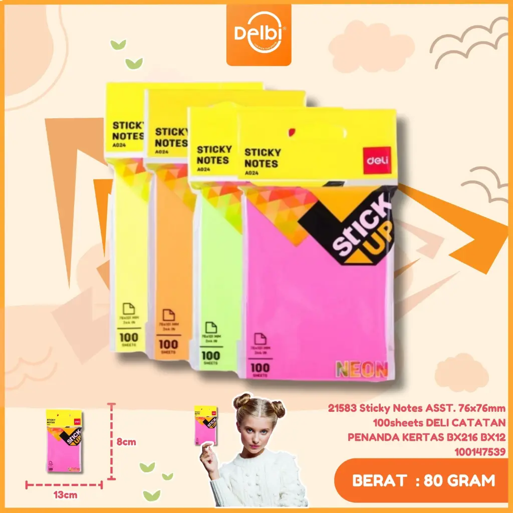 21583 Sticky Notes ASST. 76x76mm 100sheets DELI CATATAN PENANDA KERTAS BX216 BX12