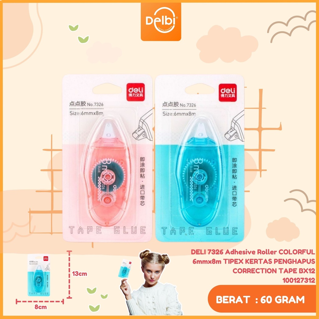 DELI 7326 Adhesive Roller COLORFUL 6mmx8m TIPEX KERTAS PENGHAPUS CORRECTION TAPE BX12
