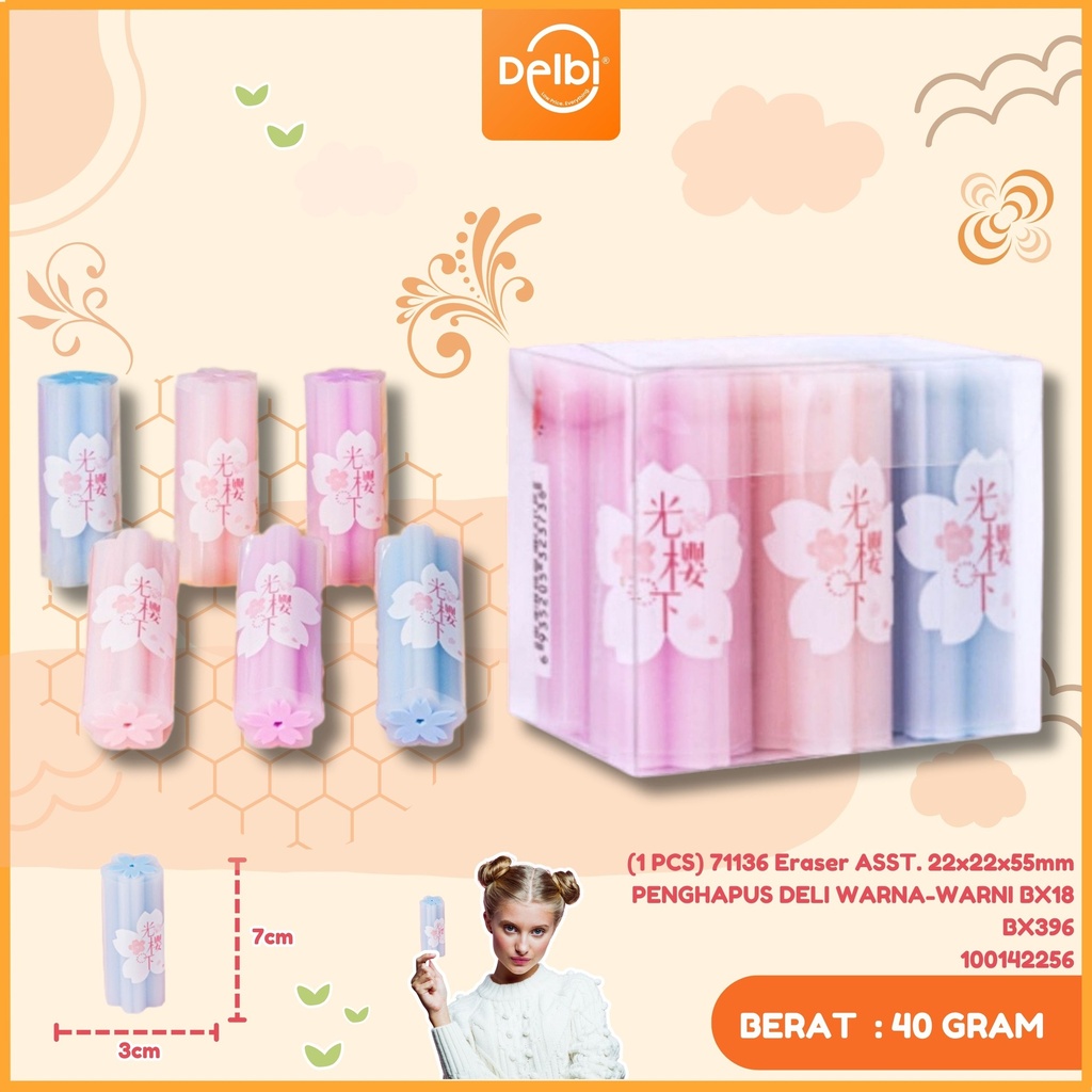 (1 PCS) 71136 Eraser ASST. 22x22x55mm PENGHAPUS DELI WARNA-WARNI BX18 BX396