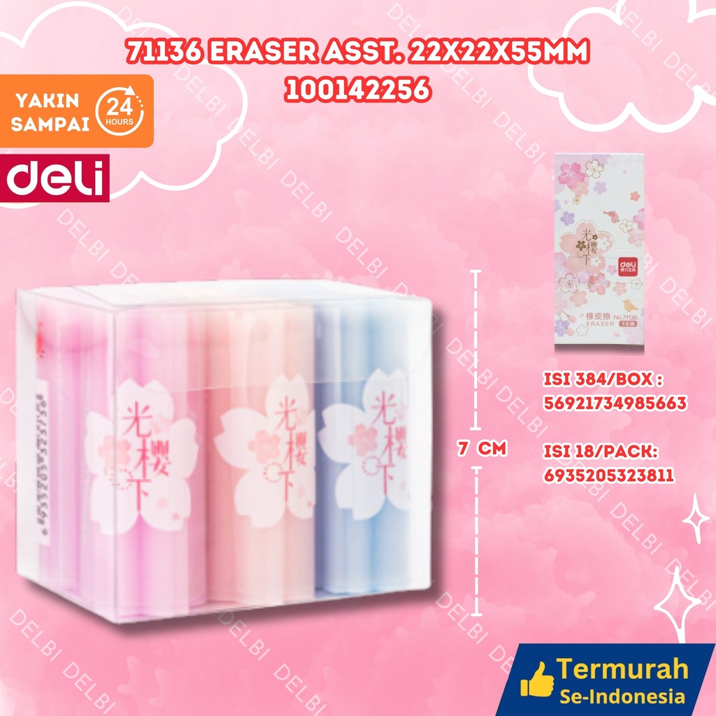 (1 PCS) 71136 Eraser ASST. 22x22x55mm PENGHAPUS DELI WARNA-WARNI BX18 BX396