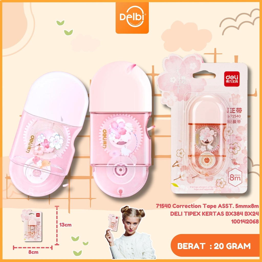 71540 Correction Tape ASST. 5mmx8m DELI TIPEX KERTAS BX384 BX24