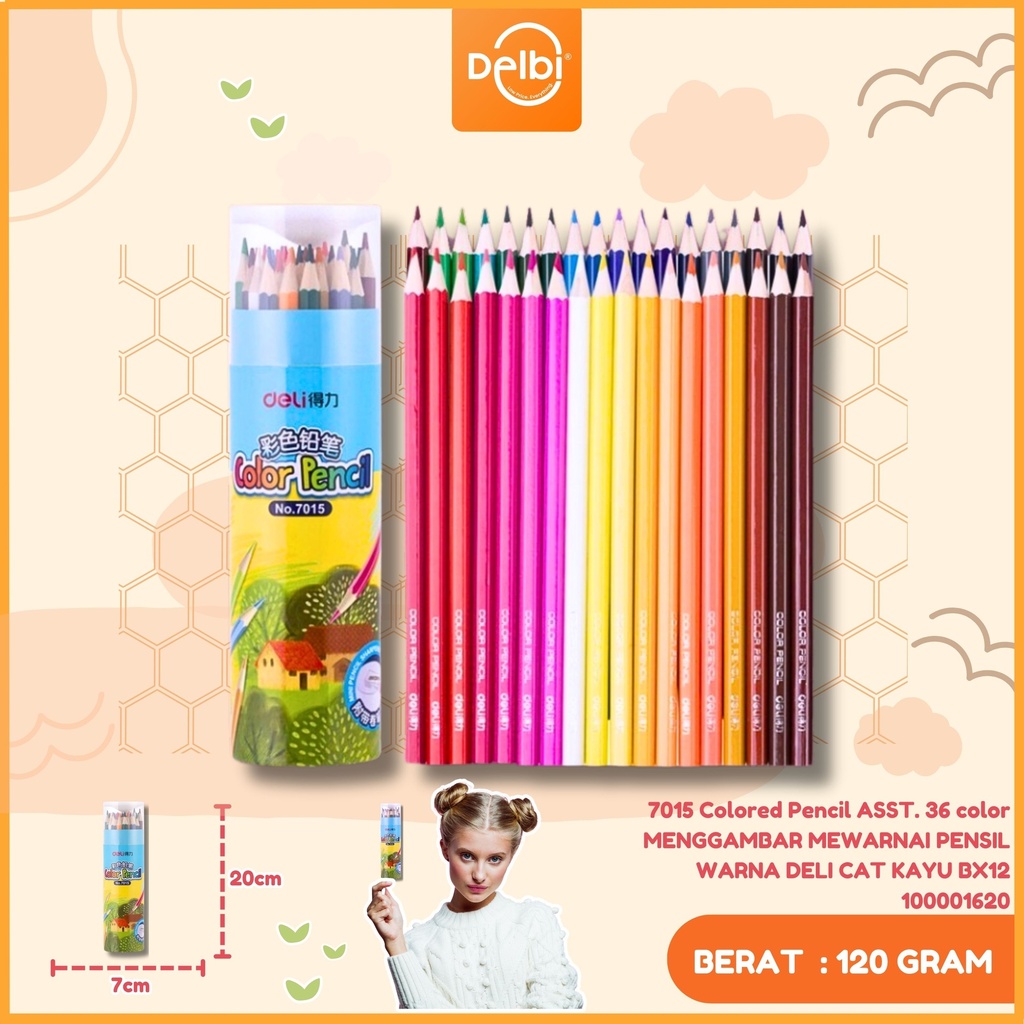 7015 Colored Pencil ASST. 36 color MENGGAMBAR MEWARNAI PENSIL WARNA DELI CAT KAYU BX12