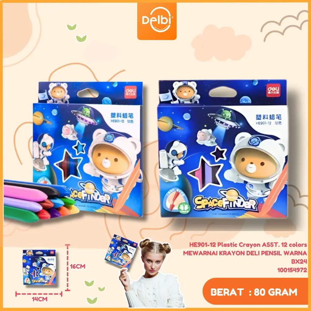 HE901-12 Plastic Crayon ASST. 12 colors MEWARNAI KRAYON DELI PENSIL WARNA BX24