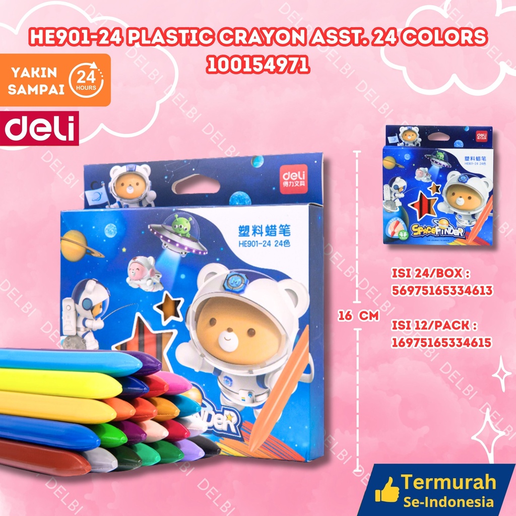 HE901-24 Plastic Crayon ASST. 24 colors MEWARNAI KRAYON DELI PENSIL WARNA BX12