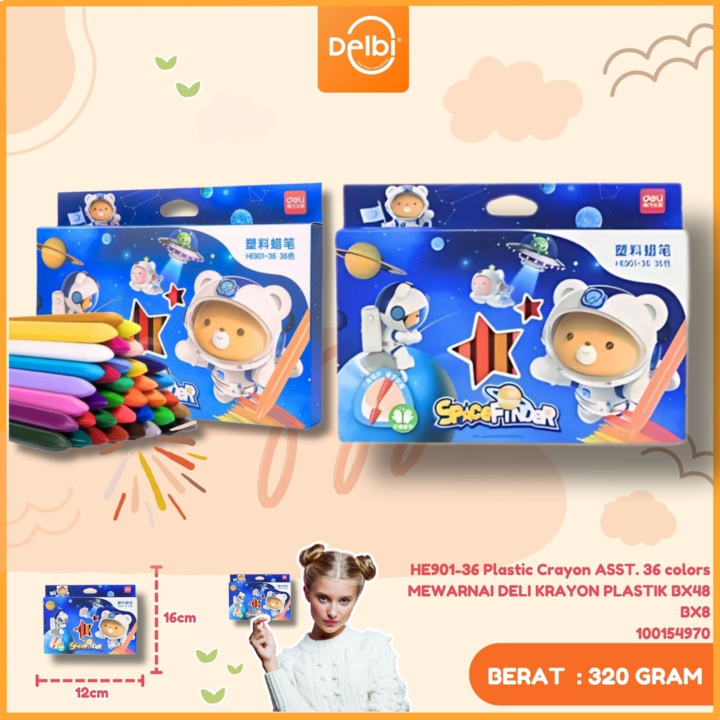 HE901-36 Plastic Crayon ASST. 36 colors MEWARNAI DELI KRAYON PLASTIK BX48 BX8