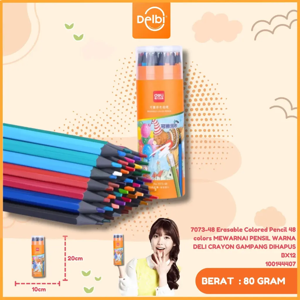 7073-48 Erasable Colored Pencil 48 colors MEWARNAI PENSIL WARNA DELI CRAYON GAMPANG DIHAPUS BX12